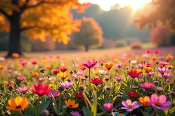 Obraz premium Autumnal wildflowers scattered on a pink grassy field, fall foliage, nature landscape, seasonal blooms