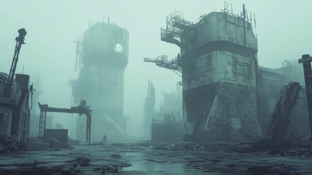 Post-apocalyptic city ruins shrouded in thick fog, showing decaying industrial structures and a desolate landscape.