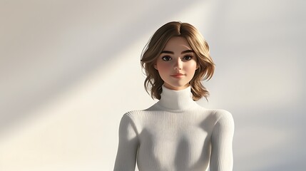Close-up portrait of a young woman in a white sweater, standing in soft natural light with neutral shadows.