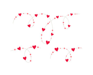 Beads with hearts and round beads, hearts on rope, serpentine with decor, design element for Valentines Day, declaration of love, wedding, romance.