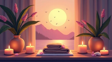 Relaxation spa evening serene lake view digital art tranquil environment warm sunset glow