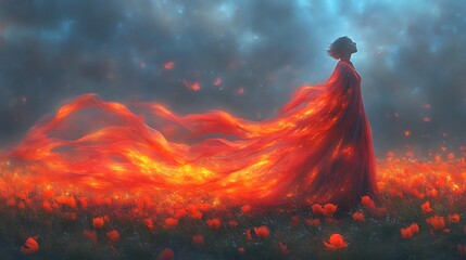 Woman in fiery cloak amidst poppies.