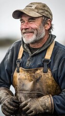 Obraz premium Smiling senior fisherman wearing protective gear and holding gloves