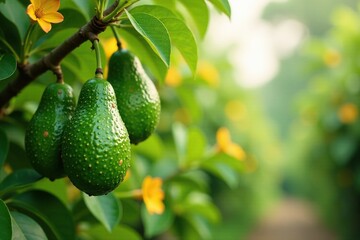 Avocados hanging from the branches of a tree in full bloom with vibrant flowers and lush leaves, orchard, foliage, branches