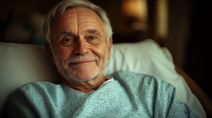 Senior man recovering in hospital bed smiling serenely