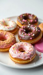 A white plate topped with a variety of donuts smothered in creamy icing and decorated with sprinkles and other toppings, gourmet dessert, dessert spread, icing