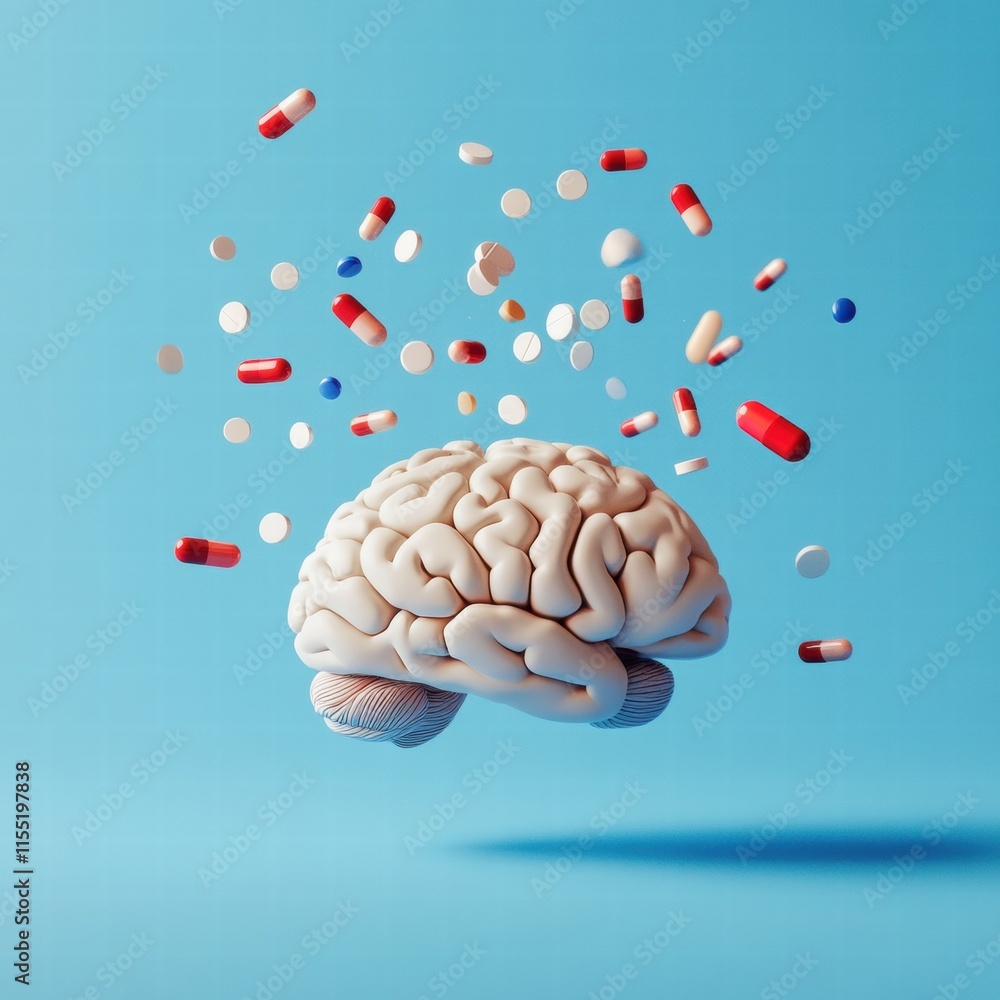 Aufkleber Human brain model surrounded by various colorful pills illustrating the effects of medication on cognitive health. Generative AI