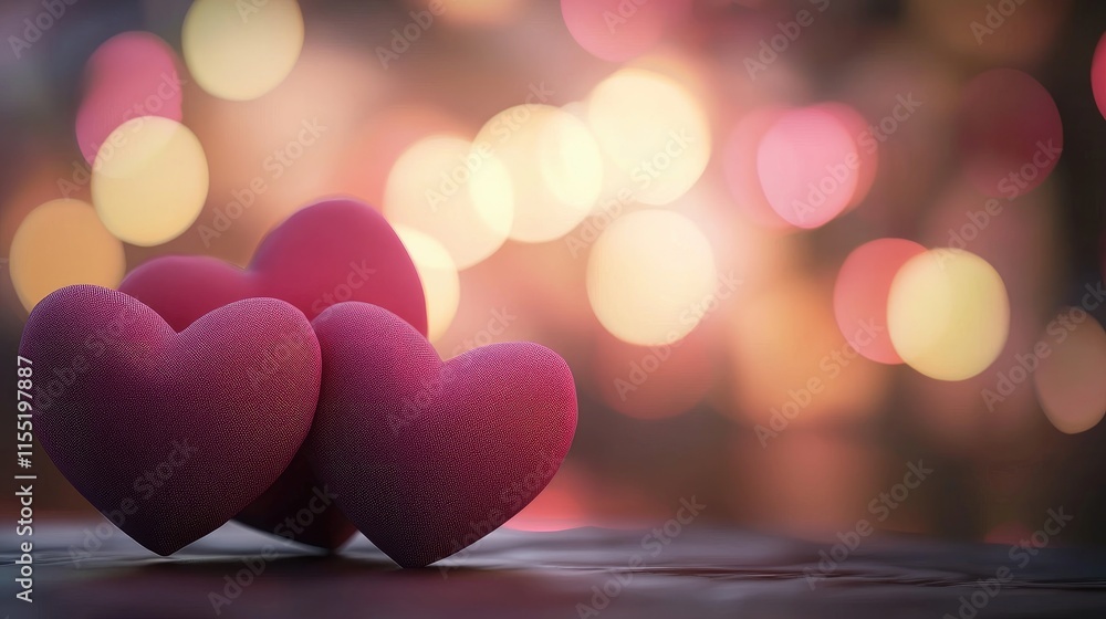 Poster three pink hearts are placed together on a soft background with colorful bokeh lights, creating a ro