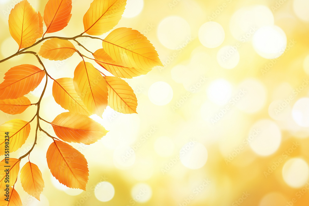 Aufkleber branch of bright autumn beech tree with yellow foliage in sunlight with soft blurred bokeh backgroun