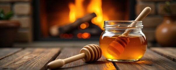 A wooden honey dipper is placed near a glass jar filled with golden honey on a wooden table in front of a fireplace, glass jar, warm ambiance