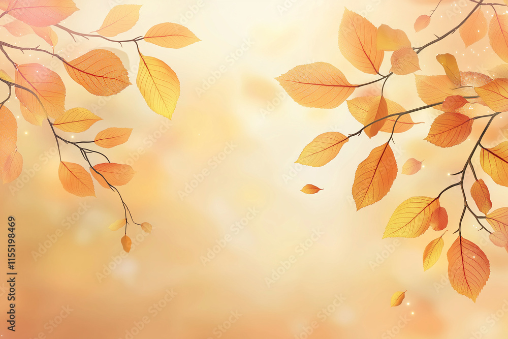 Aufkleber branch of bright autumn beech tree with yellow foliage in sunlight with soft blurred bokeh backgroun