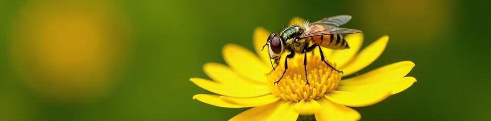 A yellow and black flower fly alights on a yellow daisy flower, daisy, leaf