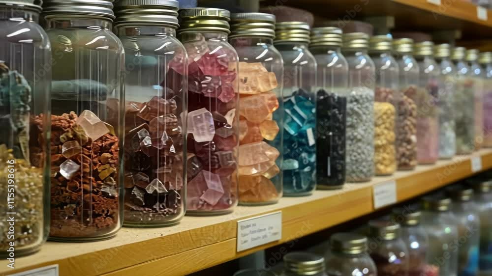 Poster a laboratory filled with carefully labeled jars containing various minerals and elements as scientis