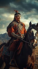 Mongolian warrior riding horse across vast steppe under cloudy sky