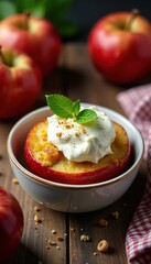 Baked Apples with Ricotta Cheese on a Wooden Table, fruit, dessert, bowl