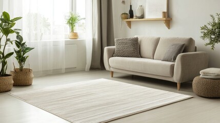 A rectangular minimalist rug with soft beige tones and a single stripe detail on a crisp white background.