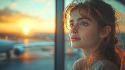 Young woman watching sunset at airport window: passenger waiting for flight