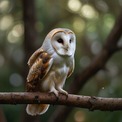 Barn owl perched on branch, forest bokeh background.