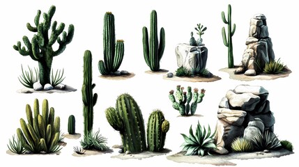 A Collection of Beautifully Illustrated Cacti and Desert Plants Showcasing Varied Shapes, Textures, and Colors Against a White Background for Artistic and Design Use