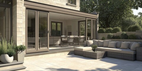 Fototapeta premium The design emphasizes an inviting transition to a block paved patio.