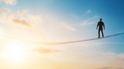 Person balances on tightrope against sunset backdrop in a dramatic display of skill and courage