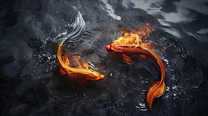 The abstract confrontation of ice and fire, a concept of nature's opposites in a cold vs hot struggle with a flowing vs burning design and a dark vs light backdrop.