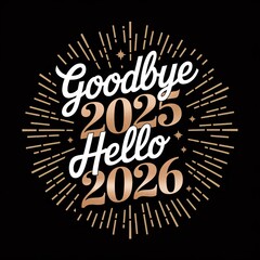 A decorative design features the phrase Goodbye 2025 and Hello 2026 in elegant lettering, surrounded by sparkling stars and bursts, perfect for new year celebrations.
