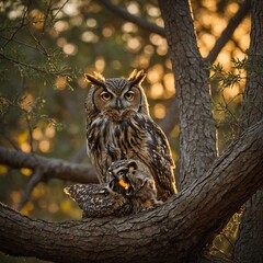 A pair of owls in a tree hollow with the golden light of sunset in the distance.