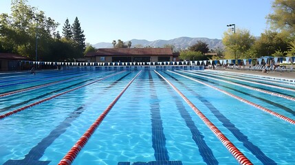 Obraz premium Serene Outdoor Swimming Pool with Clear Blue Water and Mountain View Under Bright Blue Sky in a Calm Recreational Setting