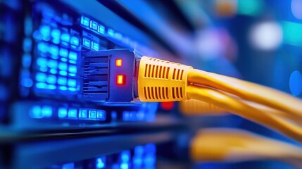 Naklejka premium Close-Up of Network Cable Connected to a Server with Blue Lights