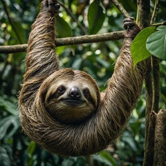 A sloth hanging lazily from a vine in a lush rainforest.