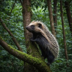A porcupine climbing a tree surrounded by dense forest foliage.