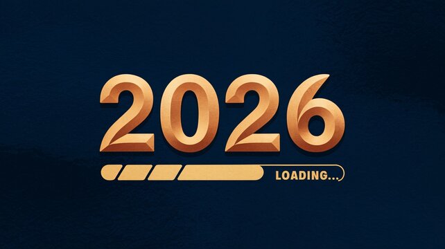A progress bar illustrates the countdown to the year 2026, with a dark blue background and large, bold text. The loading status emphasizes anticipation for upcoming events.