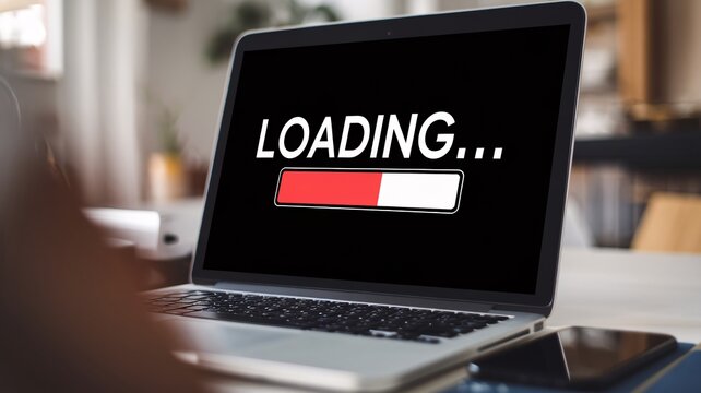 A person sits at a desk, focused on a laptop that shows a loading screen. The red and white loading bar indicates that data is being processed, creating a moment of anticipation.