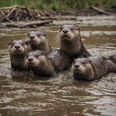 A playful family of otters sliding down a muddy riverbank into the water.