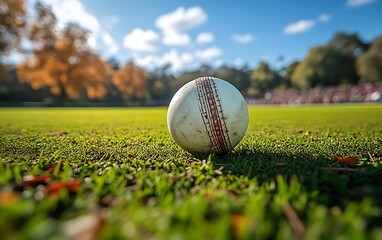 Cricket ball on grassy field.