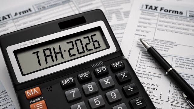 A calculator showing tax figures for 2026 is placed on a desk covered with tax documents and a pen, illustrating preparations for tax season in a professional environment.