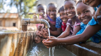 Young children smiling happy at a running tap water