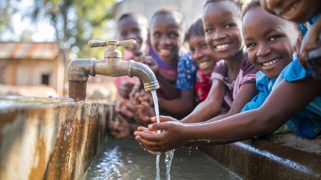 Young children smiling happy at a running tap water