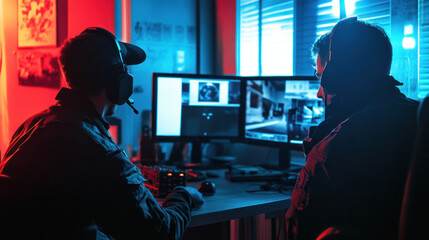 The police team is examining the crime scene from a computer screen.