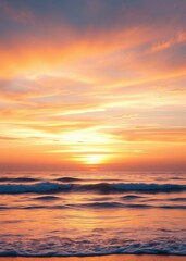 Breathtaking sunset over ocean, vibrant orange and golden sky, wispy clouds, tranquil waves, serene seascape, ethereal atmosphere, soft focus, dreamy lighting, high contrast, dramatic colors, peaceful