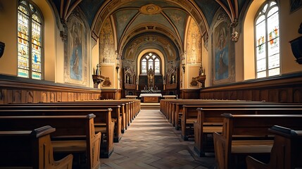 Fototapeta premium Church Interior, Wooden Pews, Altar, Religious Architecture