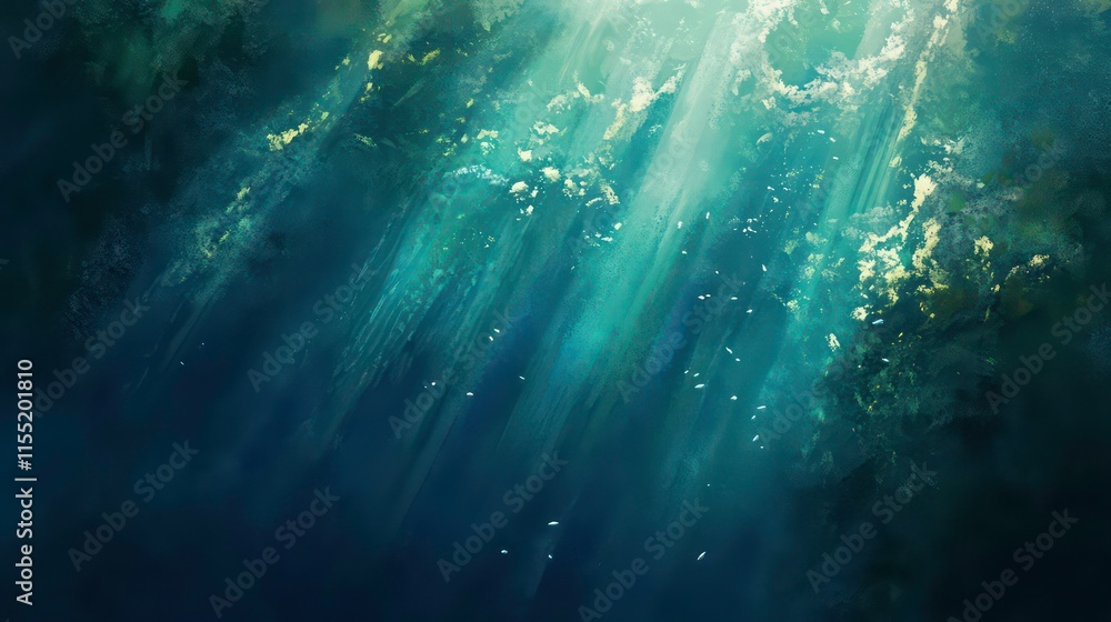 Poster underwater scene with sunbeams penetrating deep ocean water, illuminating particles and creating a m