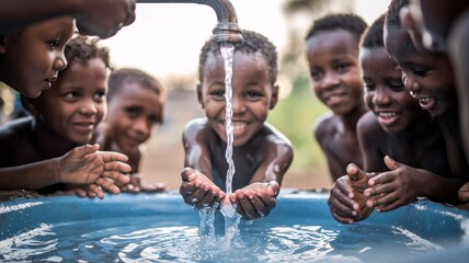 Young children smiling happy at a running tap water