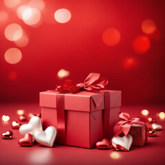 Obraz premium Festive concept with gift box and hearts on red background with bokeh. Valentine's day background