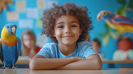 Smiling child happily posing with a parrot in a classroom