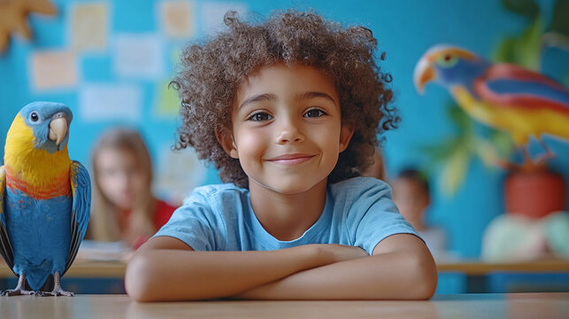 Smiling child happily posing with a parrot in a classroom