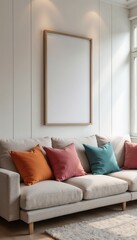 Cozy living room with light sofa, colorful cushions in orange, pink, and turquoise, natural light, soft walls, and a peaceful atmosphere creating a welcoming and vibrant home space.

