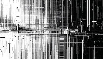 Obraz premium Abstract distorted black white motion glitch overlay effect distress texture. Monochrome interlaced digital background. Futuristic striped glitched grunge, retro 90s, lo-fi brutal cyberpunk design