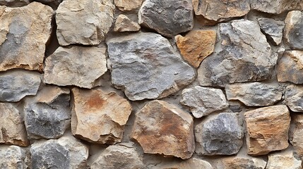 Close-up of a rustic stone wall texture with various sizes and shades of brown, gray, and beige rocks.
